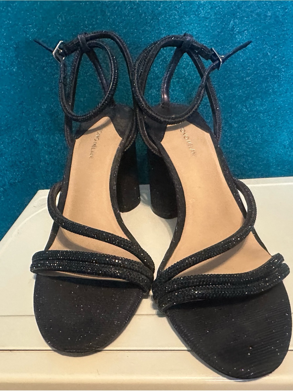 C. Wonder Blue black Sparkle Strappy Block Heels